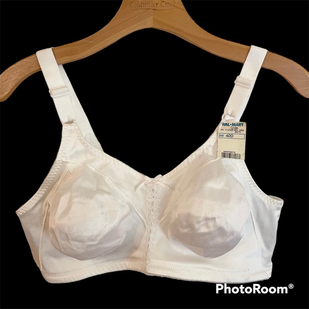NWT Just My Size White Satin Bra, Wireless, Unlined, Seamless Cups, Size 40D
